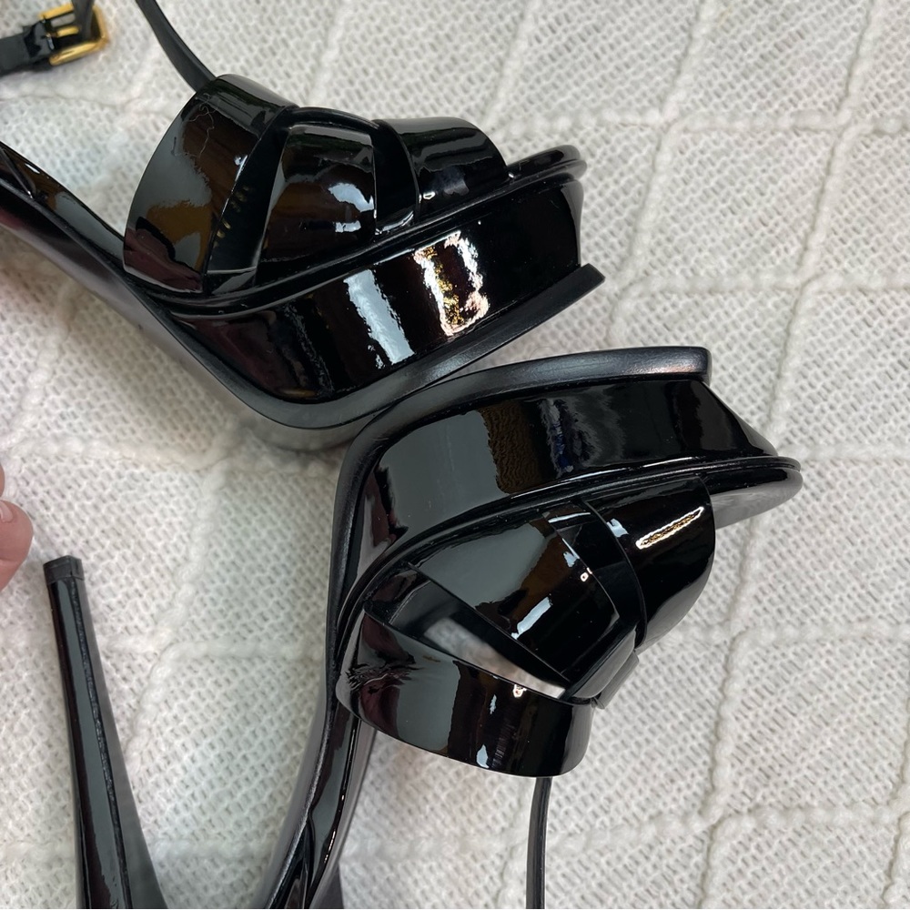 Saint Laurent Tribute Platform Sandals 105mm Black Patent Leather Size 38.5 8.5 - Picture 10 of 17